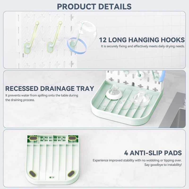 CLESOO Baby Bottle Drying Rack Bottle Dryer Rack for 12 Bottle Drying Rack Space Saving Kitchen Countertop Vertical Cup Drainer Rack Detachable Baby Bottle Holder Storage Organizer Pump Part Dryer Rack Green - Image 5